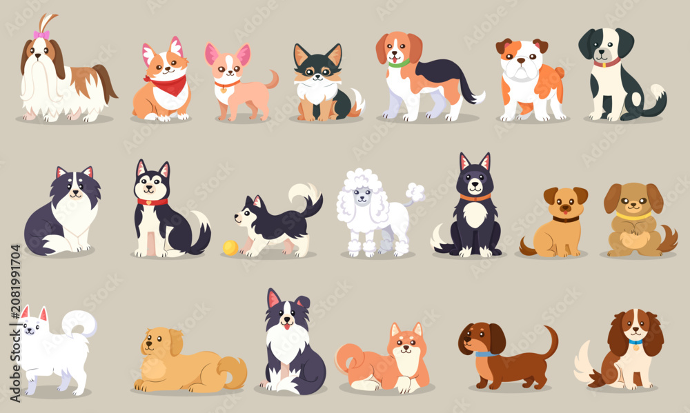 Fototapeta premium Diverse cartoon dogs collection featuring various breeds in cute poses on beige background