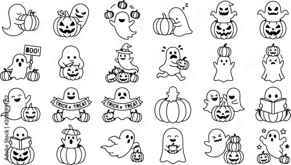 Fototapeta premium Halloween vector set spooky ghosts jack o' lanterns and trick or treat elements for design