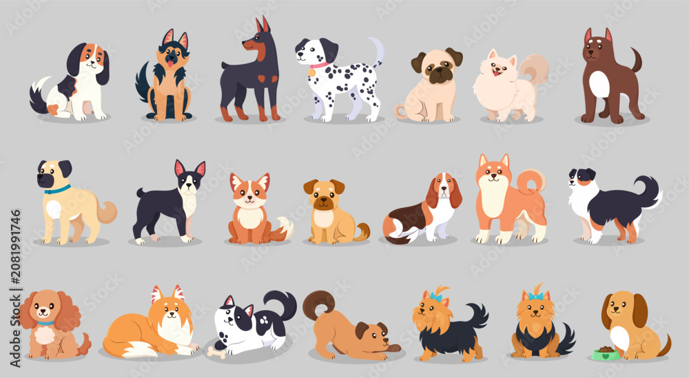 Obraz premium Illustrated variety of dog breeds on neutral background
