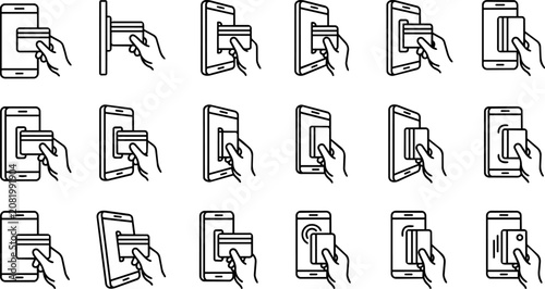 Obraz na plátně Credit card insertion into smartphone and card reader icons set.