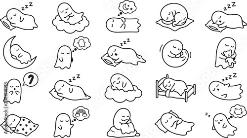 Halloween vector set adorable ghosts sleeping in various poses