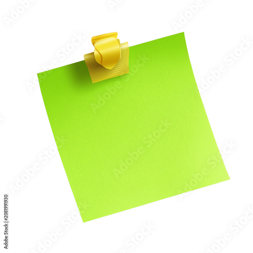 Blank green sticky note attached with yellow adhesive tape.