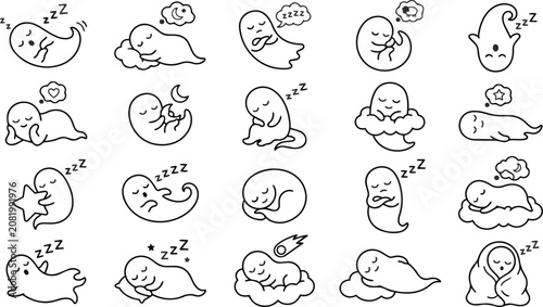 Halloween vector set adorable ghosts sleeping and dreaming