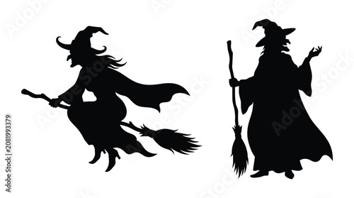 Fotografie Two Witches On Broomsticks Black Silhouette Illustration