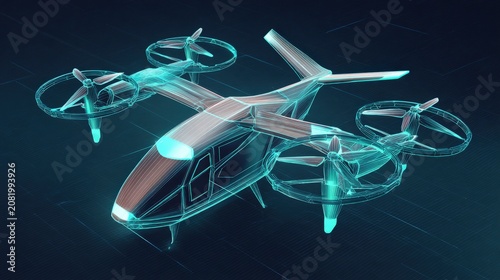 Futuristic flying vehicle concept in a holographic wireframe design, showcasing advanced aerospace technology. ..Created with Generative AI, not depicting real subjects.