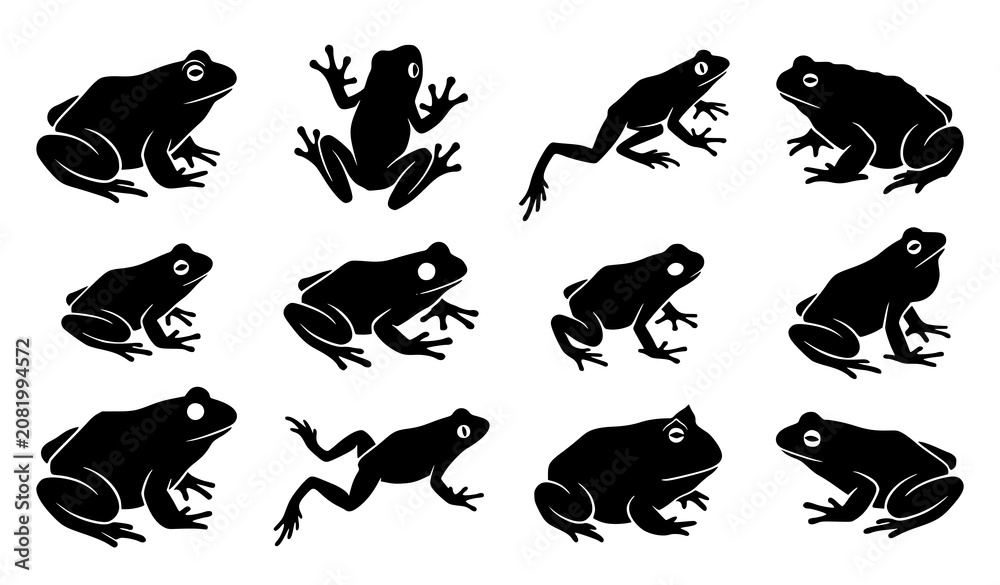 Fototapeta premium Amphibian Wetland Wildlife Silhouette Icon Set Featuring Various Poses and Species of Black Frogs and Toads for Nature Designs Vector Illustration