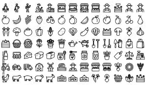 Tableau sur toile Ultimate Farmers Market and Local Agriculture Line Art Icon Pack with Fresh Food