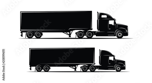 Tableau sur toile Black Silhouette Of Tractor Trailer Trucks Side View