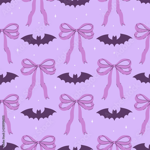 Seamless purple pattern with bats and bows. Vector graphics.