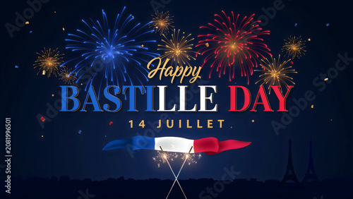 Happy bastille day celebration with fireworks
