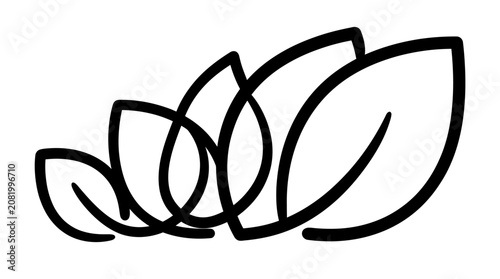 Minimalist black and white line art illustration featuring a group of stylized organic leaves with bold smooth contour edges
