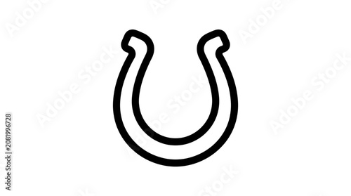 A bold black outline of a classic horseshoe icon design featuring clean minimalist lines on a crisp white background surface