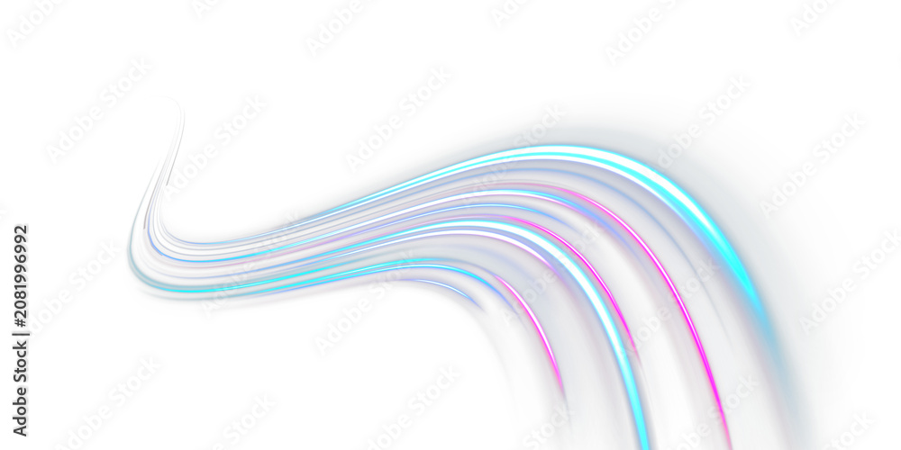 Obraz premium Bold abstract light ribbons form sweeping curves with radiant energy and vivid color transitions. Speed effects enhance modern style. Great PNG for web graphics.