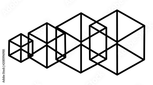 Abstract geometric pattern featuring connected black outlined cube shapes arranged in a repeating sequence on a clean white background surface