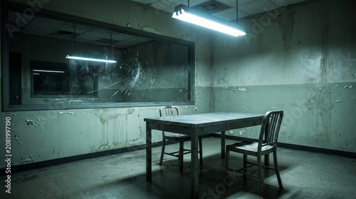 Empty interrogation room in a derelict police station with a cracked one-way mirror and cinematic lighting
