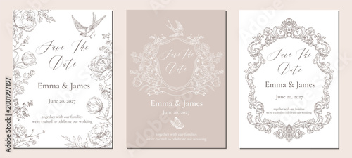 Floral wedding invitation set. Elegant flower frame design invite template. Spring vintage flower, bird luxury border. Greeting card anniversary marriage save the date. Vector line art illustration