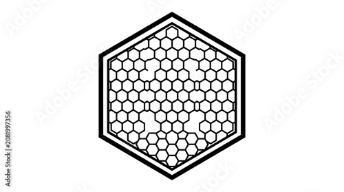 A bold black and white hexagonal icon featuring a repeating geometric honeycomb pattern with thick lines and sharp edges