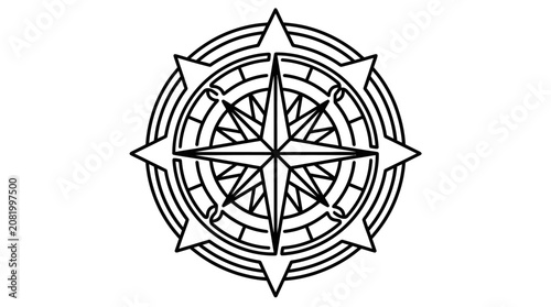 A classic black and white compass rose icon featuring sharp geometric lines and a symmetrical circular nautical navigation design style