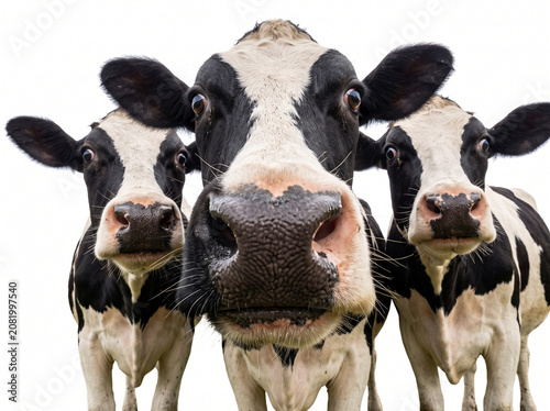Obraz na płótnie Three funny holstein cows looking directly at camera close up isolated on white