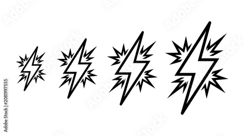 Four simple black lightning bolt icons arranged in ascending size order featuring sharp edges and clean bold vector line art