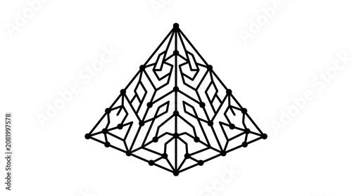 A complex geometric pyramid structure featuring intricate black lines and connected nodes isolated on a crisp clean white studio background