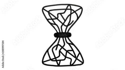 An abstract hand drawn hourglass shape featuring intricate black ink lines on a clean white paper surface for artistic projects