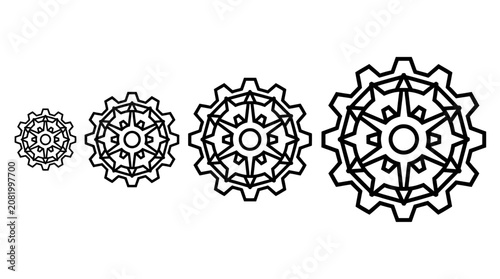 Four black and white gear icons arranged in a row from smallest to largest size with intricate geometric star patterns.