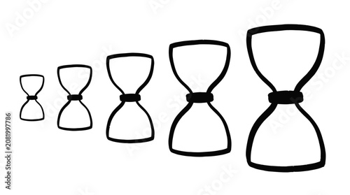 Five hand drawn hourglass icons arranged in a row with increasing size outlines on a clean white isolated background