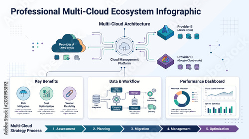 Multicloud ecosystem infographic with cloud computing symbols and data flow.