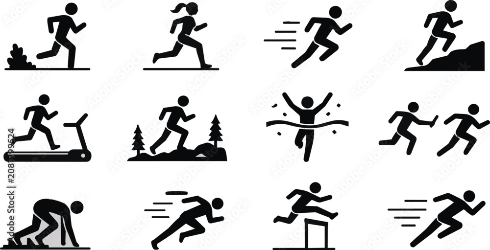 Fototapeta premium Running Sport Activity Icons: Sprinting, Jogging, Race, Hurdles, Treadmill