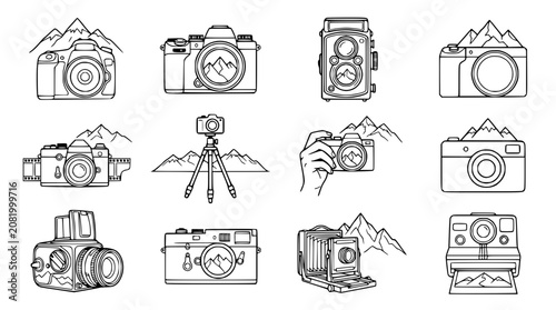 Obraz na plátně Vintage and Modern Cameras Collection Icons, Drawing Style, Photography Equipmen