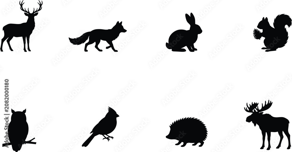 Obraz premium Forest Wildlife Animal Silhouette Vector Set Featuring Deer Fox Rabbit Squirrel Owl Cardinal Hedgehog and Moose Isolated Collection