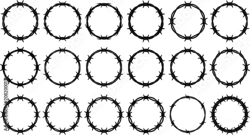 Fotografie Black barbed wire circle frame and border vector illustration set, crown of thor