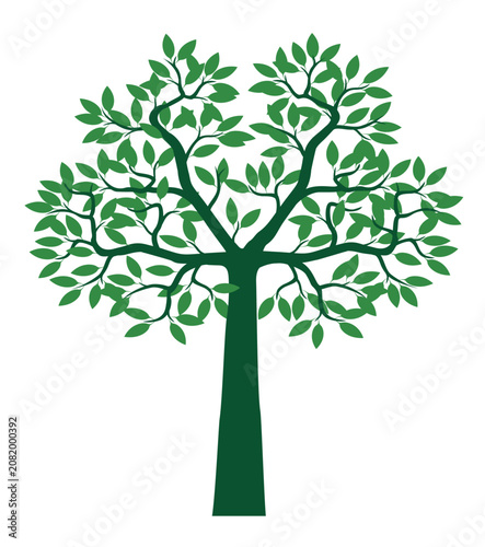 A tree hand drawn. Green leaves on branches and curved trunk. Vector Illustration.