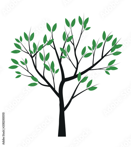 A tree drawn by hand. Green leaves on branches and curved trunk. Vector Illustration.