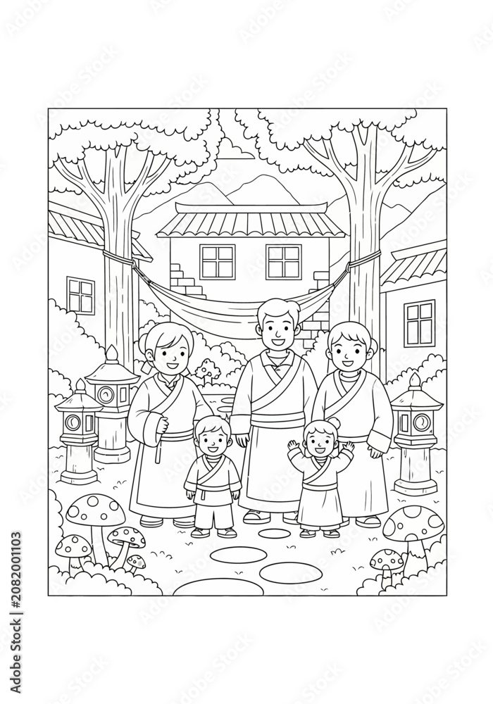 Obraz premium Traditional Japanese Family Celebration Line Art Illustration.