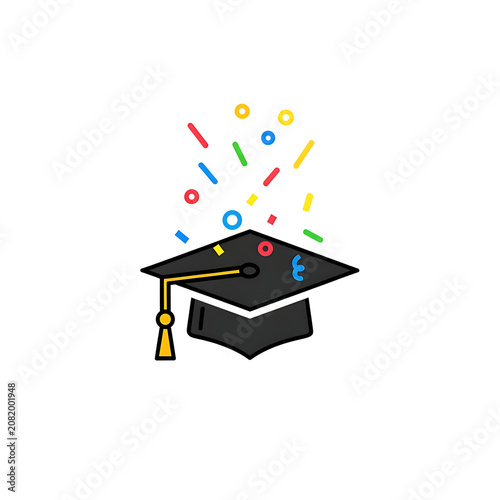 Black graduation cap with colorful festive confetti celebration graduation confetti celebration academic education mortarboard university ceremony graduate achievement