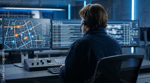 Dispatcher monitoring emergency map screens in control room. Concept of dispatch center, public safety, incident tracking and emergency response operations.