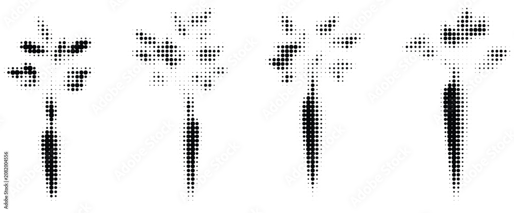 Fototapeta premium Halftone carrot vector set, abstract geometric dot pattern vegetable illustrations. Minimalist black and white pop art style elements for food branding, graphic design, social media and culinary 