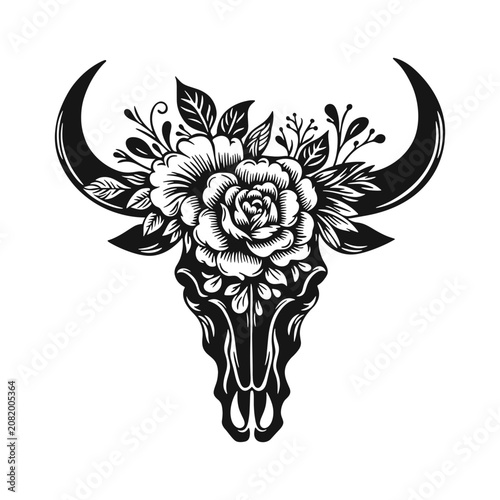 Floral bull skull with blooming flower, decorative western symbol, black and white vector illustration isolated