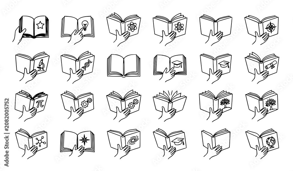 Fototapeta premium Single Line Open Book in Hand Vector Collection Minimal Reading Education Set