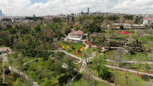 Aerial view of the Bosphorus with tulips; view of the Turkish flag; general aerial view of Istanbul