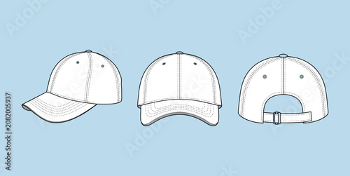 Принти на полотні Blank dad hat technical drawing, Fashion headwear blueprint with vintage cap schematics, clean vector template, and isolated apparel design elements