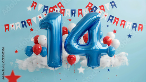 Festive number 14 with party confetti