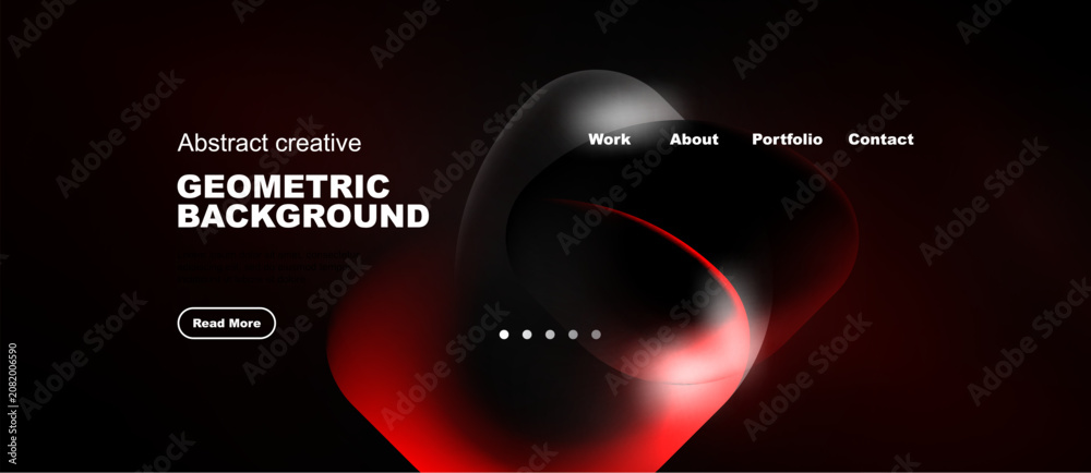 Naklejka premium Dark background features abstract red shapes, text elements, navigation menu. Modern design promotes creativity, geometric patterns.