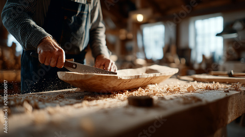 Close up of craftsman carving wood in workshop with chisel and wood shavings, carpenter