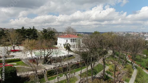 Aerial view of the Bosphorus with tulips; view of the Turkish flag; general aerial view of Istanbul