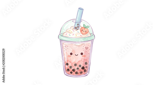 Cute Bubble Tea Watercolor Marker Hand Drawn Sticker Illustration Isolated