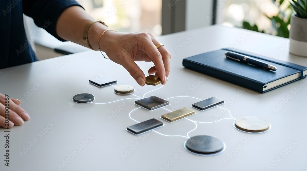 Fototapeta premium Hand placing element to build a connected system. Business strategy, data networking, problem-solving concept on white table.