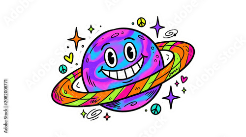 Happy Planet Character Y2K Retro Cartoon Sticker Illustration Isolated